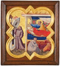 Gaddi, Taddeo.
um 1300 – 1366. /

"Der Traum des Papstes Innozenz III."

(Der Heilige Franziskus stützt die wankende Lateransbasilika), um 1333/34.
Auf Holz, 41 × 36 cm.
Aus einer Serie von 22 Vierpasstafel mit Szenen aus dem Leben Christi und des Heiligen Franz von Assisi.
Aufnahme nach der Restaurierung.
Inv. Nr. 8595,
Florenz, Galleria dell'Accademia.