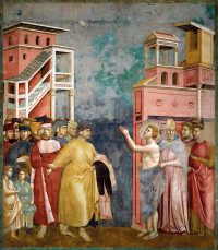Giotto di Bondone ; v. 1266–1337.–"Saint François rend ses vêtements à son père"
. (Legenda maior II, 3).

Fresque, v.
1295/1300. Assise, S. Francesco (église supérieure, 3e travée, mur nord de la nef). (Photo : Stefan Diller).