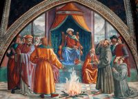 Ghirlandaio (Domenico Bigordi, dit). 1449–1494.

"L'épreuve du feu de saint François d'Assise devant le sultan", v. 1483/85.

Fresque.
2ème scène du cycle de la légende de saint François.
Florence, Église Santa Trinità,
Chapelle Sassetti.