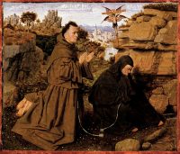 PHL779453 Saint Francis of Assisi receiving the Stigmata, c.1432 (oil on vellum on panel) by Eyck, Jan van (c.1390-1441) (attr. to); 12.7x14.6 cm; Philadelphia Museum of Art, Pennsylvania, PA, USA; Philadelphia Museum of Art; John G. Johnson Collection, 1917.