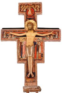 Italian,
2nd half of 12th Century.

Crucifix from S.Damiano.

(The crucifix that is said to have spoken to Francis of Assisi in 1206).
Tempera on wood.
Formerly in S.Daminiano.
Assisi, S.Chiara, Cappella del Crocefisso.